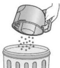 Illustration of a hand pouring liquid into a container with scattered particles (no text or symbols)