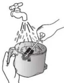Illustration of hands using a tool to clean or wash food from a pot (no text or symbols).