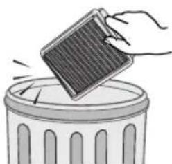 Illustration of a hand holding a small solar panel above a trash can.