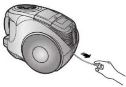 Illustration of a hand pulling a small cable into a vacuum cleaner (no text or symbols present)