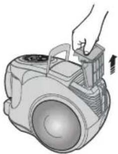 Illustration of a hand operating a vacuum cleaner device with a handle.