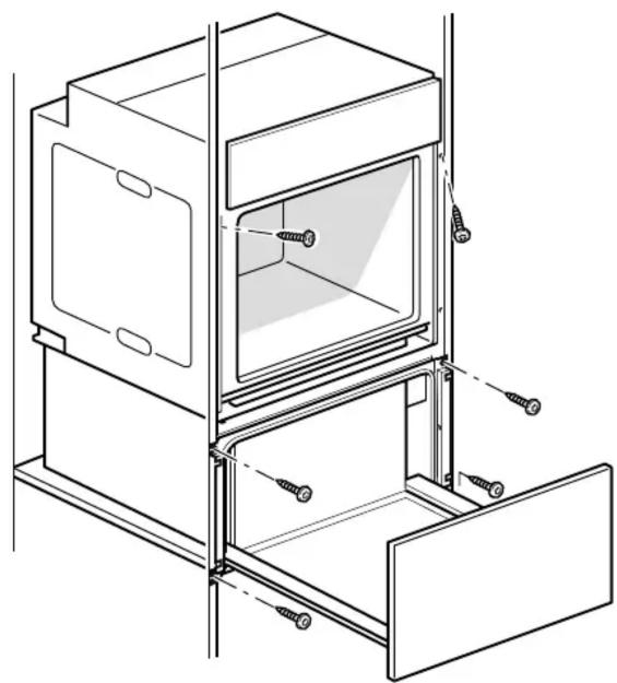 Dessin technique au trait d'un four ou d'une enceinte mécanique avec composants internes et matériel de montage (sans texte ni symboles)