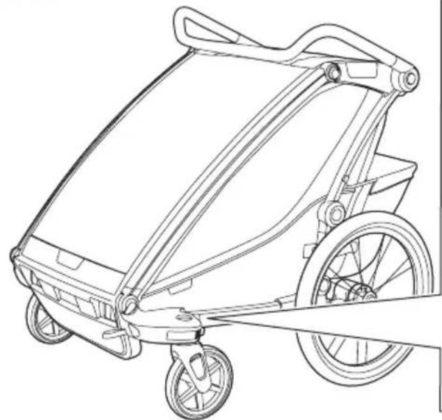 Line drawing of a two-wheeled baby stroller with wheels and handle (no text or symbols)