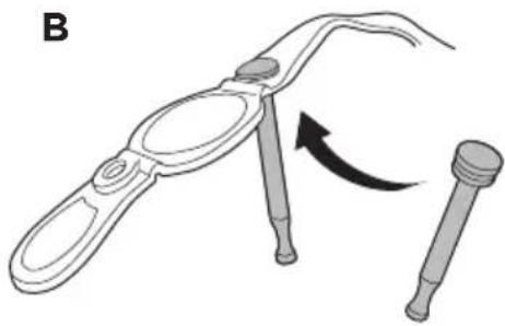 Diagram of a medical or laboratory instrument with a curved handle and two vertical rods, showing a rotation arrow (no text or symbols present)