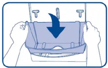 Illustration of hands holding a plastic container with a downward arrow indicating a drop (no text or symbols)