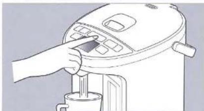 Line drawing of a hand using a rice cooker to press or adjust a cup (no text or symbols present)