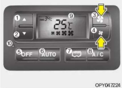 1 25℃ 34℃ 9 4 5 OFF 6 AUTO 7 8 A / C OPY047224