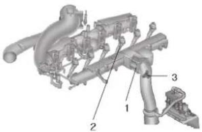 Technical diagram of an automotive engine assembly with numbered components labeled 1, 2, and 3