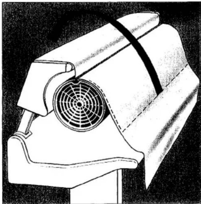 Dessin technique au trait d'un dispositif mécanique avec un composant circulaire et une base maillée (aucun texte ou symbole).