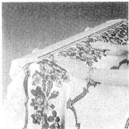 Photo en noir et blanc d'un rouleau traditionnel d'Asie de l'Est avec des motifs floraux et d'oiseaux, sans texte ni symbole visible.