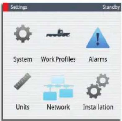 Settings Standby System Work Profiles Alarms Units Network Installation