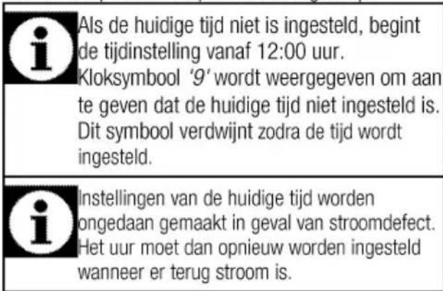 Als de huidige tijd niet is ingesteld, begint de tijdinstelling vanaf 12:00 uur. Kloksymbool '9' wordt weergegeven om aan te geven dat de huidige tijd niet ingesteld is. Dit symbool verdwijnt zodra de tijd wordt ingesteld. Instellingen van de huidige tijd worden ongedaan gemaakt in geval van stroomdefect. Het uur moet dan opnieuw worden ingesteld wanneer er terug stroom is.