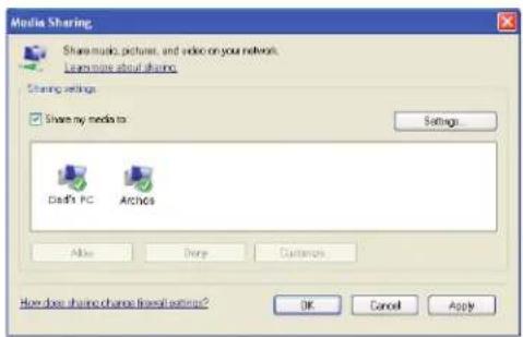 Media Sharing Share music, pictures, and video on your network. Learn more about videos Sharing settings ✓ Show my media to Settings... Dad's PC Achocs Adde Remove Customs How does share change travel settings? OK Cancel Apply