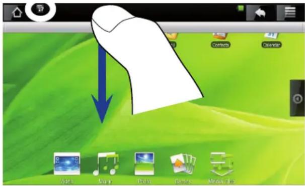 Screenshot of a macOS desktop with application icons and a downward arrow pointing to a white document on the screen.