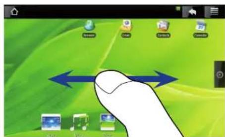 Screenshot of a desktop computer interface showing a finger pointing to a green screen with icons and directional arrows indicating movement or navigation.