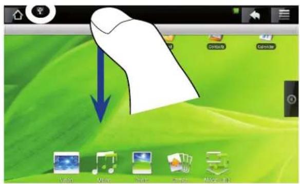 Screenshot of a macOS desktop with application icons and a downward arrow, showing a white hand pointing to the screen.