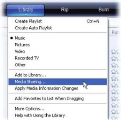 Library Create Playlist Ctrl+N Create Auto Playlist Music Pictures Video Recorded TV Other Add to Library... Media Sharing... Apply Media Information Changes Add Favorites to List When Dragging More Options... Help with Using the Library