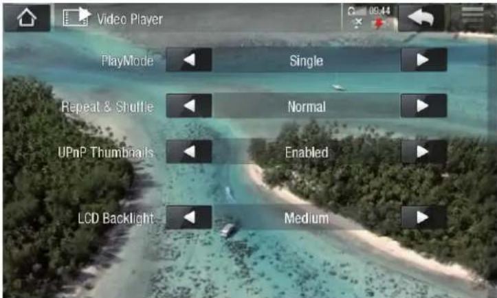 Video Player PlayMode Single Repeat & Shuffle Normal UPnP Thumbnails Enabled LCD Backlight Medium