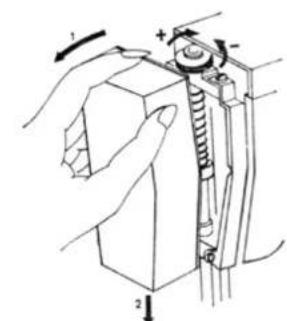 Technical diagram showing mechanical assembly with labeled parts and directional arrows