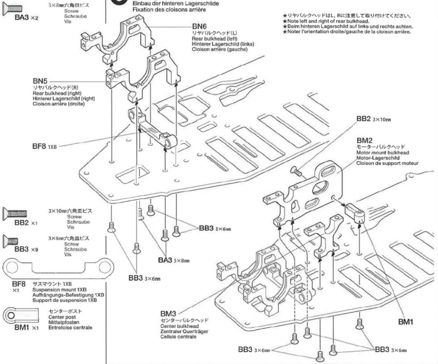 Einbau der hinteren Lagerschilde Fixation des cloisons arrière ★リヤバルクヘッドはL、Rに注意して取り付けてください。 ★Note left and right of rear bulkhead. ★Beim hinteren Lagerschild auf links und rechts achten. ★Noter l'orientation droite/gauche de la cloison arrière. BN6 リヤバルクヘッド(L) Rear bulkhead (left) Hinterer Lagerschild (links) Cloison arrière (gauche) BN5 リヤバルクヘッド(R) Rear bulkhead (right) Hinterer Lagerschild (right) Cloison arrière (droite) BF8 1XB BB2 3×10mm BM2 モーターバルクヘッド Motor mount bulkhead Motor-Lagerschild Cloison de support moteur BB2 ×1 3×10mm六角皿ビス Screw Schraube Vis BB3 ×9 3×6mm六角皿ビス Screw Schraube Vis BB3 3×6mm BA3 3×8mm BB3 3×6mm BF8 ×1 サスマウント 1XB Suspension mount 1XB Aufhängungs-Befestigung 1XB Support de suspension 1XB BM1 ×1 センターボスト Center post Mittelposten Entretoise centrale BM3 センターバルクヘッド Center bulkhead Zentraler Querträger Cellule centrale BB3 3×6mm BB1 BB3 3×6mm