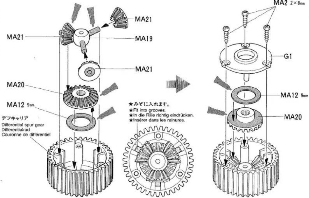 MA21 MA21 MA19 MA21 MA20 MA12 9mm デフキャリア Differential spur gear Differentialrad Couronne de différentiel ★みぞに入れます。 ★Fit into grooves. ★In die Rille richtig eindrücken. ★Insérer dans les rainures. MA2 2×8mm G1 MA12 9mm MA20