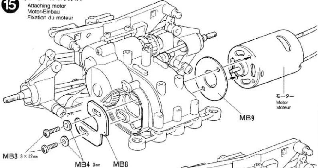 15 Attaching motor Motor-Einbau Fixation du moteur MB9 モーター Motor Moteur MB3 3×12mm MB4 3mm MB8
