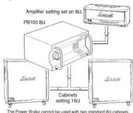graph TD A["Amplifier setting on 8Ω PB100 8Ω"] --> B["Cabinets setting 16Ω"] A --> C["Cabinets setting 16Ω"] D["The Power Brake cannot be used with two standard 8Ω cabinets"] --> E["Analog/Amplifier"]