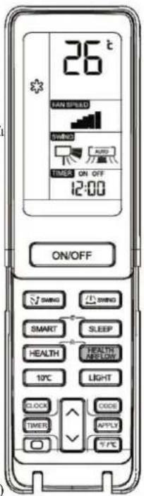 26 t, MAIN SPEED, SWIND, AUTO, TIMER ON OFF, 12:00, ON/OFF, SWIND, SWIND, SMART, SLEEP, HEALTH, HEALTH ARRICK, 10°C, LIGHT, CLOCK, CLOCK, TIMER, APPLY, T/°C