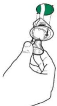 Illustration of a hand holding a small object with green and white markings (no text or symbols)
