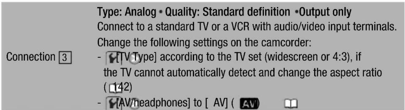 Type: Analog • Quality: Standard definition • Output only. Connect to a standard TV or a VCR with audio/video input terminals. Change the following settings on the camcorder: - [TV Type] according to the TV set (widescreen or 4:3), if the TV cannot automatically detect and change the aspect ratio (…