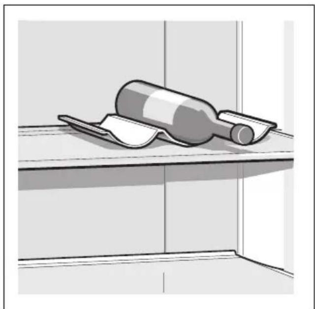 Illustration of a wine bottle resting on a shelf with plastic cups (no text or symbols)