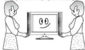 Illustration of two women holding a computer monitor with a smiling face (no text or symbols)