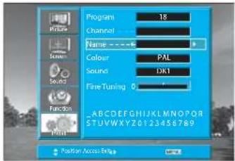 Program 18 Channel Name Colour PAL Sound DK1 Fine Tuning 0 Function Play Position Access Engine