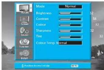Mode Brightness Contrast Colour Sharpness Tint Colour Temp Normal Normal 32 58 32 32 Position: 0.000146