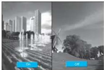 Side-by-side comparison of a cityscape with high-rise buildings and a windmill, both labeled 'On' and 'Off' (no text or symbols on the main image)