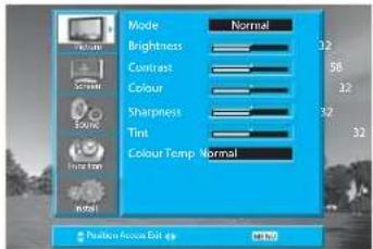 Mode Normal Brightness 32 Contrast 58 Colour 32 Sharpness 32 Tint 32 Colour Temp Normal Positive Access Edit 49
