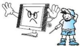 Cartoon illustration of a boy reacting to a computer monitor displaying a sad face (no text or symbols present)