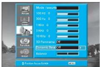 Mode: favourite 100 Hz, 0 300 Hz, 0 1 KHz, 0 3 KHz, 0 10 KHz, 0 3D Panorama Off Dynamic Base Off Balance Position New Solids