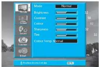 Mode Normal Brightness 32 Contrast 58 Colour 32 Sharpness 32 Tint 32 Colour Temp Normal Position: 0.000146 OK