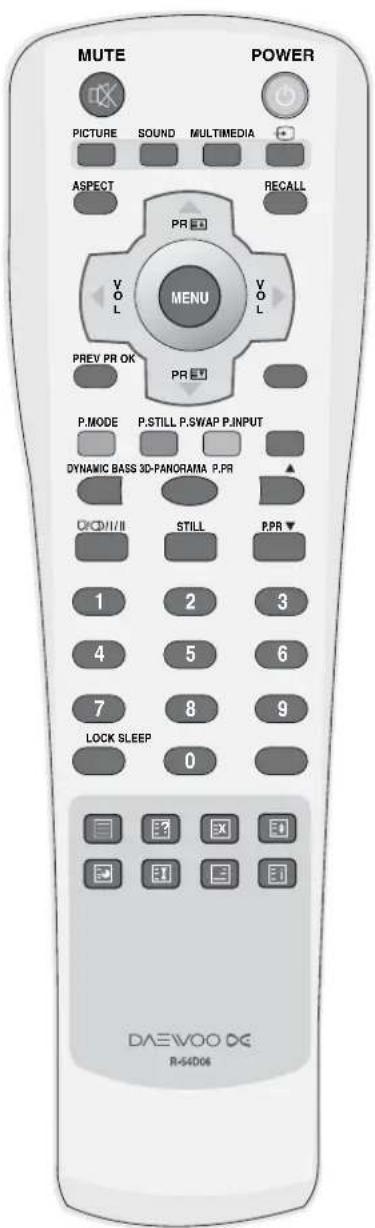 MUTE POWER PICTURE SOUND MULTIMEDIA ASPECT RECALL PRE V L V L PREV PR OK PRE P.MODE P.STILL P.SWAP P.INPUT DYNAMIC BASS 3D-PANORAMA P.PR C/C/D/II STILL P.PR 1 2 3 4 5 6 7 8 9 LOCK SLEEP 0 DAEWOO DC R-54D06