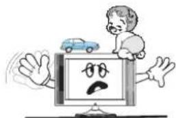 Cartoon illustration of a person standing on a computer monitor with a sad face, waving hands (no text or symbols present)