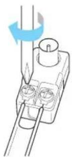 Diagram of a mechanical component with two pins and a tool, no text or symbols present
