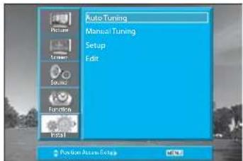 Auto Tuning Manual Tuning Setup Edit Picture Drawn Audio Functione Install Position Active Setup