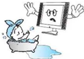 Cartoon illustration of a child washing in a bathtub while watching a computer monitor with a sad face (no text or symbols)