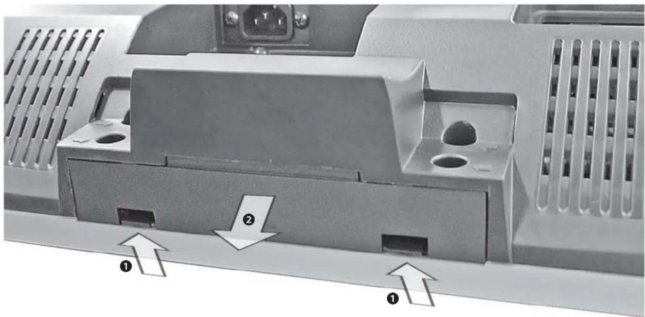 Close-up of a computer chassis with labeled ports and ventilation slots (no readable text or symbols)