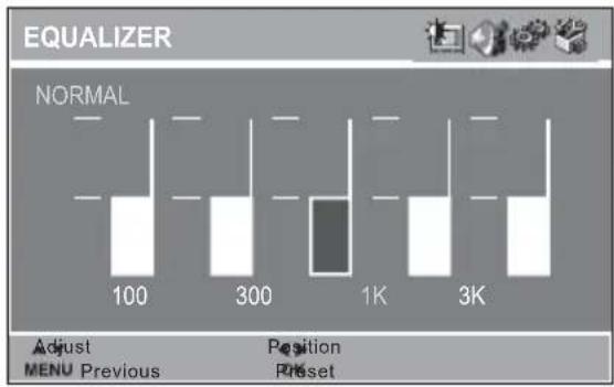 EQUALIZER NORMAL 100 300 1K 3K Adjust MENU Previous Position Reset