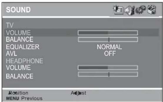 SOUND TV VOLUME BALANCE EQUALIZER AVL HEADPHONE VOLUME BALANCE NORMAL OFF Position MENU Previous Adjust