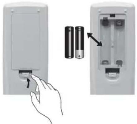 Diagram showing a hand pressing a button next to two batteries, with no text or symbols present.