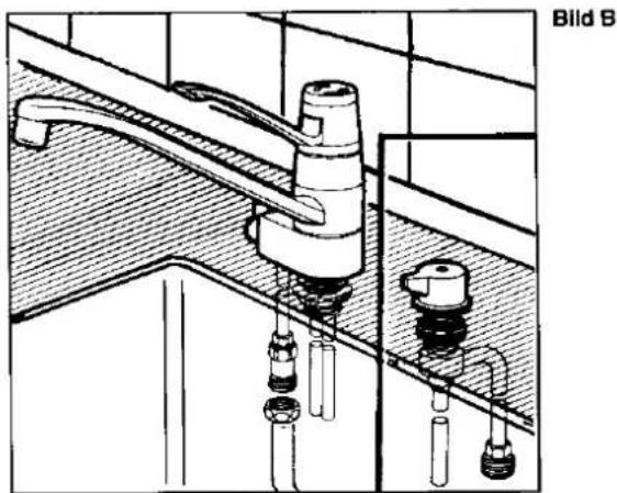 Technical line drawing of a kitchen sink assembly with pipes and fixtures (no text or symbols)