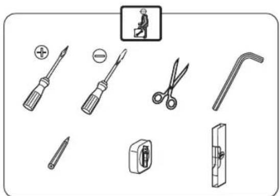 Diagram showing various screwdriver and tool components with a highlighted safety symbol for sitting on the floor.